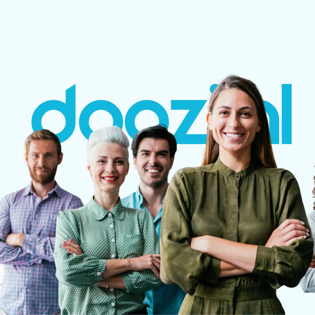 Doozi team met blije werknemers die voor je klaar staan